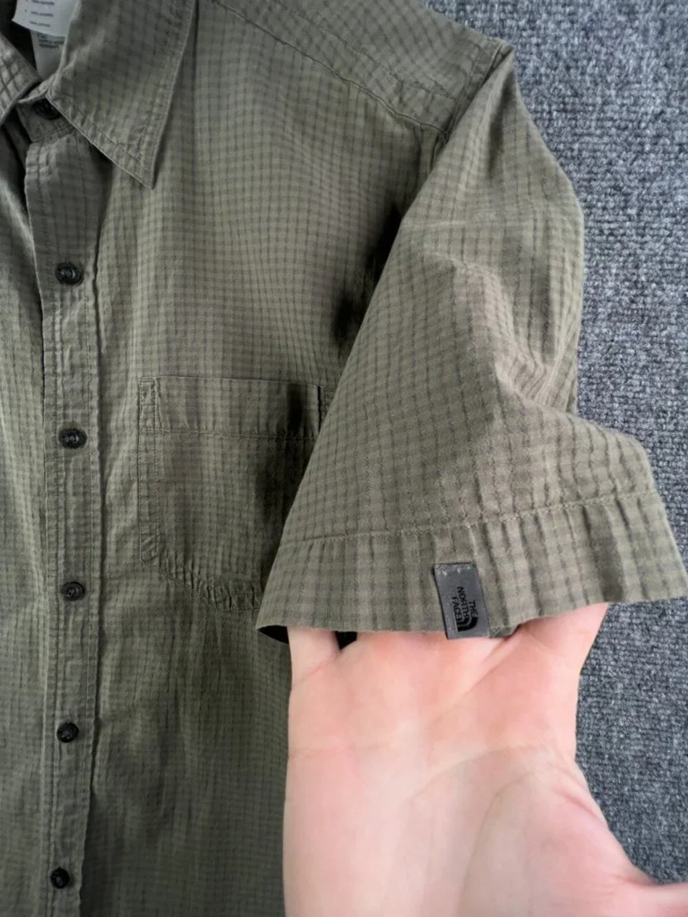 North Face Men’s Green Check Short Sleeve Button Up Shirt Large Outdoors Cotton
